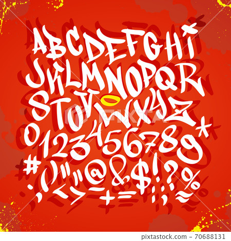 Handwritten graffiti font alphabet. Vector illustration on red background 70688131