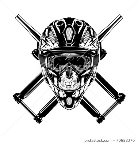 Monochrome illustration of skull with helmet, mask and crossed forks. Isolated vector template 70688370