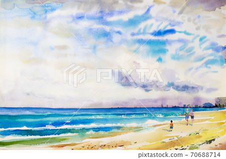 Painting seascape of family jogging in the morning Painting seascape of family jogging in the morning 70688714