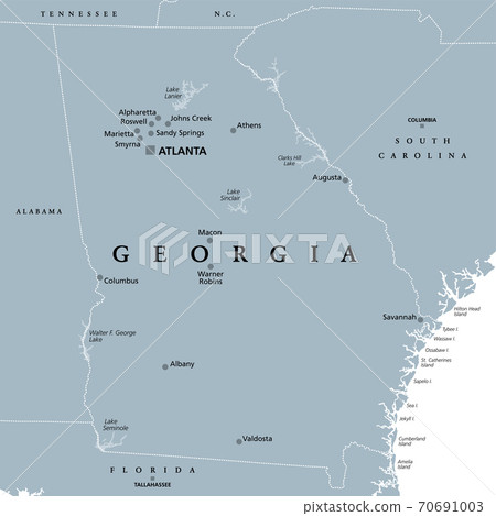 Georgia, GA, gray political map with capital Atlanta and largest cities. State in the southeastern region of the United States of America. Peach State. Empire State of the South. Illustration. Vector Georgia, GA, gray political map with capital Atlanta and largest cities. State in the southeastern region of the United States of America. Peach State. Empire State of the South. Illustration. Vector 70691003