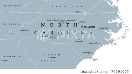 North Carolina, NC, gray political map. With capital Raleigh and largest cities. State in the southeastern region of the United States of America. Old North State. Tar Heel State. Illustration. Vector North Carolina, NC, gray political map. With capital Raleigh and largest cities. State in the southeastern region of the United States of America. Old North State. Tar Heel State. Illustration. Vector 70691005