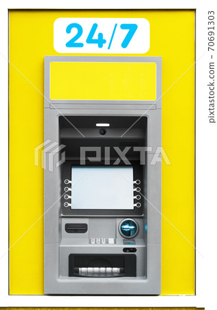 ATM machine, photo of one object in detail as a background, yellow color ATM machine, photo of one object in detail as a background, yellow color 70691303
