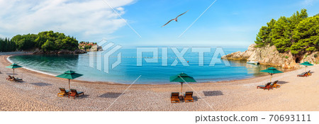 Beautiful panorama of the beach next to the Sveti Stefan island, Budva riviera, Montenegro 70693111