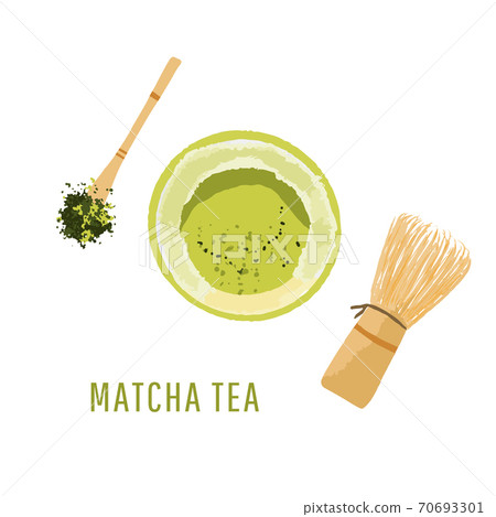 Top view set of matcha powder bowl, wooden spoon and whisk, green tea leaf, isolated on white background. Vector illustration 70693301