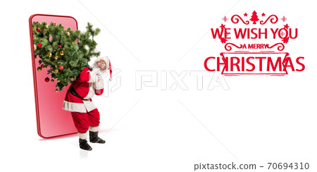 Emotional Santa Claus greeting with New Year 2021 and Christmas. Flyer with copyspace 70694310