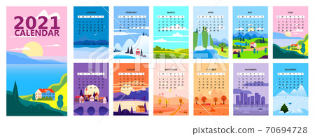 2021 Calendar minimalistic landscape natural backgrounds of four seasons. Winter wonderland, Fresh on Spring, Hot sunny day on Summer, Autumn with leaves falling. Set cartoon flat design seasons 70694728