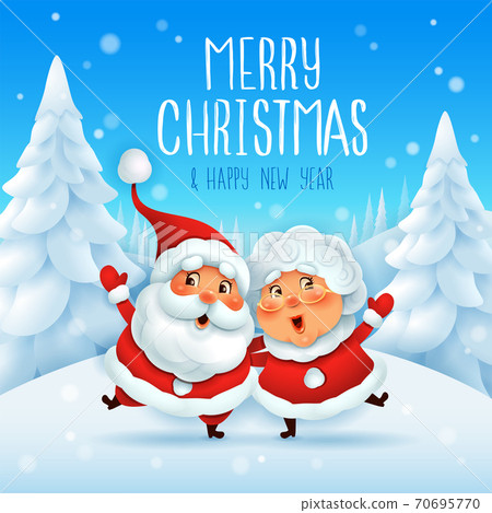 Merry Christmas! Santa Claus and his wife Mrs Claus arm over shoulder. Merry Christmas! Santa Claus and his wife Mrs Claus arm over shoulder. 70695770
