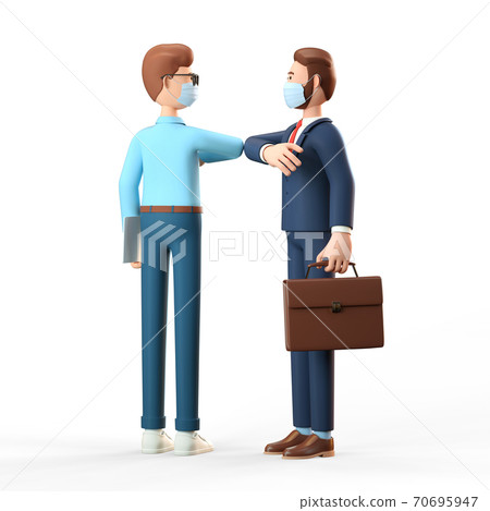 Two businessmen wearing protective face masks greeting bumping elbows. 3D illustration of the safe greeting during Covid-19 pandemic. 70695947