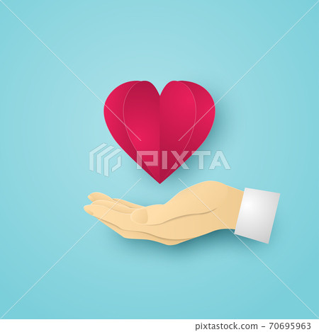 Red Heart on Human hand on blue background. Vector illustration. Red Heart on Human hand on blue background. Vector illustration. 70695963