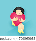 A Little girl hug the Heart sitting on blue background. Vector illustration. 70695968