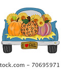 Thanks Giving - A colorful pumpkins in blue Classic truck isolated on white background. 70695971