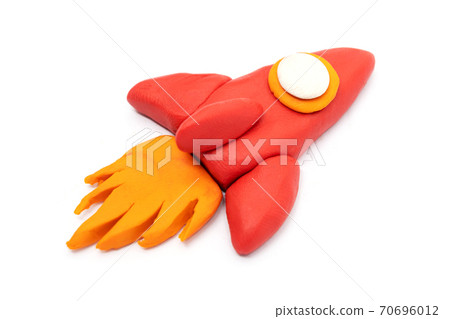 Play dough Rocket on white background. Icon rocket. Handmade clay plasticine 70696012