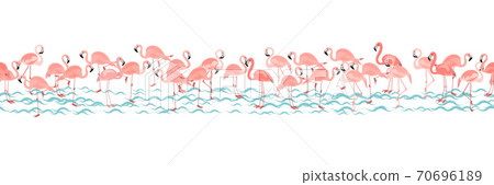 Seamless pattern with pink flamingo. Horizontal tropical pattern with bright tropical bird pink flamingo on white background with blue stripes. Vector illustration 70696189