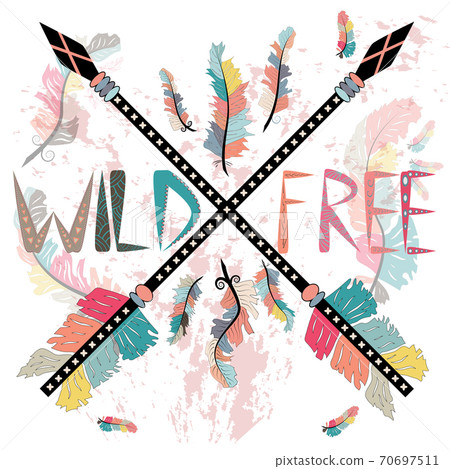 colorful illustration with crossed ethnic arrows, feathers and tribal ornament. Boho and hippie style. American indian motifs. Wild and Free poster. colorful illustration with crossed ethnic arrows, feathers and tribal ornament. Boho and hippie style. American indian motifs. Wild and Free poster. 70697511