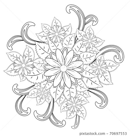 Black and white circle flower ornament, ornamental round lace design. Floral mandala Black and white circle flower ornament, ornamental round lace design. Floral mandala 70697553