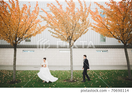 Stylish couple of happy newlyweds walking in the park on their wedding day with bouquet Stylish couple of happy newlyweds walking in the park on their wedding day with bouquet 70698114