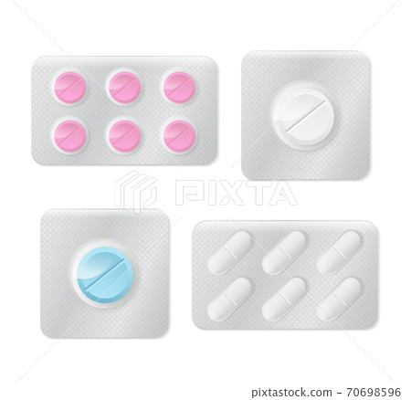 Pills or capsules white and blue in blister package for tablet vector Illustration design. Pills or capsules white and blue in blister package for tablet vector Illustration design. 70698596