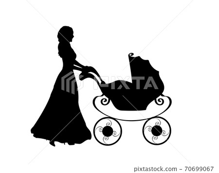 Silhouette mother pushing baby stroller Silhouette mother pushing baby stroller 70699067