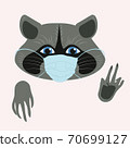 Cute blue-eyed raccoon in a medical mask. Vector image in calm colors. Space for text 70699127