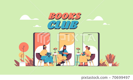 mix race women on smartphone screens reading books during video call self isolation book club concept mix race women on smartphone screens reading books during video call self isolation book club concept 70699497