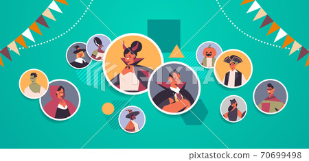 people in different costumes discussing during video call happy halloween party concept online communication people in different costumes discussing during video call happy halloween party concept online communication 70699498