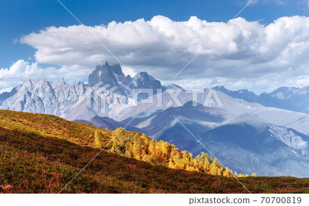 Thick fog on the mountain pass Goulet. Georgia, Svaneti. Caucasus mountains 70700819