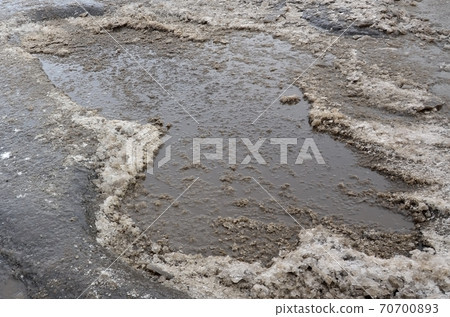 Damaged asphalt road with potholes caused by freezing and thawing cycles during the winter. Poor road Damaged asphalt road with potholes caused by freezing and thawing cycles during the winter. Poor road 70700893