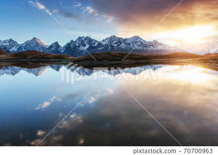 Sunset on mountain lake Koruldi. Upper Svaneti, Georgia, Europe. Caucasus mountains 70700963