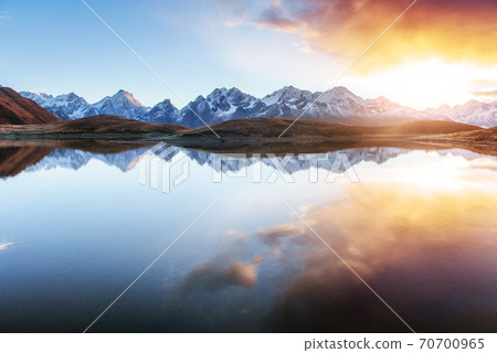Sunset on mountain lake Koruldi. Upper Svaneti, Georgia, Europe. Caucasus mountains 70700965
