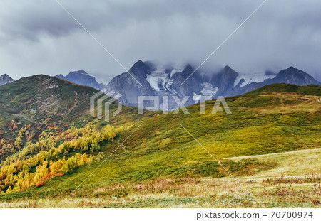 Autumn landscape and snowy mountain peaks. Birch forest in sunlight. Main Caucasian Ridge. Mountain View from Mount Ushba Mheyer, Georgia. Europe. Autumn landscape and snowy mountain peaks. Birch forest in sunlight. Main Caucasian Ridge. Mountain View from Mount Ushba Mheyer, Georgia. Europe. 70700974