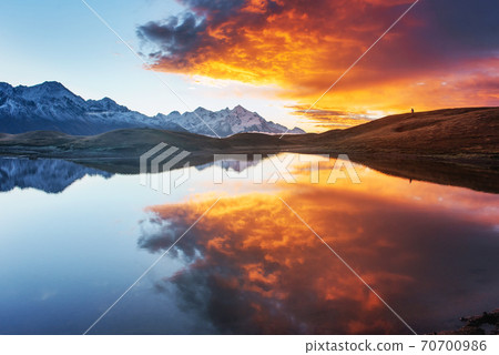 Sunset on mountain lake Koruldi. Upper Svaneti, Georgia, Europe. Caucasus mountains 70700986