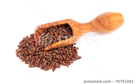 Guinea pepper grains in wooden scoop, isolated on white background. Melegeta, alligator pepper or mahlab. Grains of paradise. 70701081
