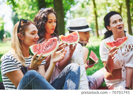 Group of friends having pic-nic in a park on a sunny day - People hanging out, having fun while grilling and relaxing 70701745