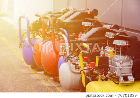 Many new air compressors pressure pumps close up photo Many new air compressors pressure pumps close up photo 70701859