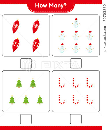 Counting game, how many christmas decoration educational children game, printable worksheet, vector illustration 70703880