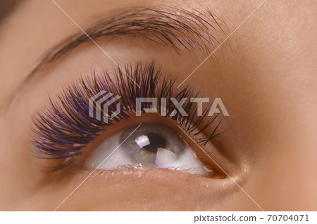 Eyelash Extension Procedure. Close up view of beautiful female eye with long eyelashes, smooth healthy skin. 70704071