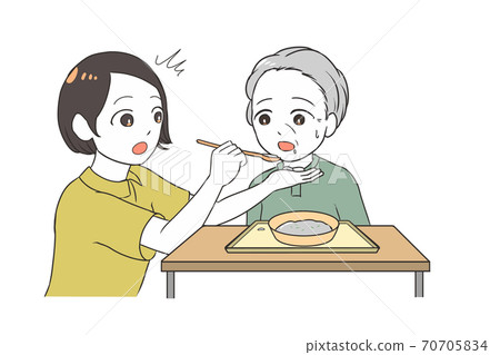 Assistance of an elderly female caregiver who spills food Assistance of an elderly female caregiver who spills food 70705834
