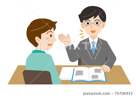 西裝的男人向來諮詢的人解釋的例證/白色背景 70706933
