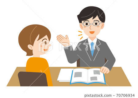 西裝的男人向來諮詢的女人解釋的插圖/白色背景 70706934