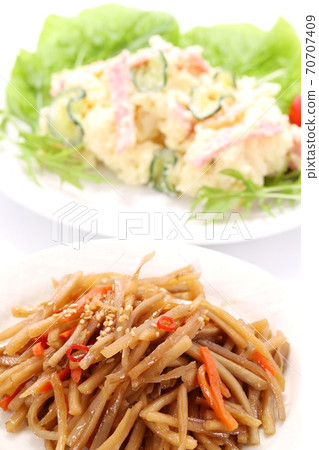 Kinpira burdock potato salad white background Kinpira burdock potato salad white background 70707409