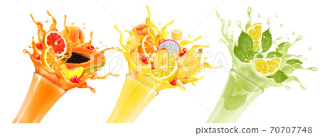 Sweet exotic juice splash. Whole and sliced papaya, cherry, peach, grapefruit and orange in a sweet juce or cocktail with splashes and drops isolated on transparent background. 3D. Vector. 70707748