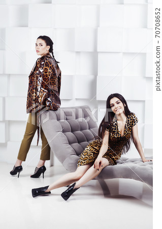 pretty stylish woman in fashion dress with leopard print together in luxury rich room interior, lifestyle people concept, modern brunette together pretty stylish woman in fashion dress with leopard print together in luxury rich room interior, lifestyle people concept, modern brunette together 70708652