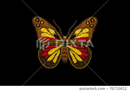 Pattern for embroidery on a white background of colorful butterflies among yellow flowers on twisted stems with green leaves Pattern for embroidery on a white background of colorful butterflies among yellow flowers on twisted stems with green leaves 70710012