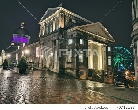Bonsecours Market with Ferris wheel in the background, Old Port of Montreal, city tourist destination at night winter travel Bonsecours Market with Ferris wheel in the background, Old Port of Montreal, city tourist destination at night winter travel 70712188