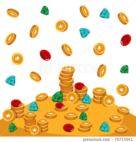 Stack of various treasures and gold coins cartoon vector illustration isolated. Stack of various treasures and gold coins cartoon vector illustration isolated. 70715041