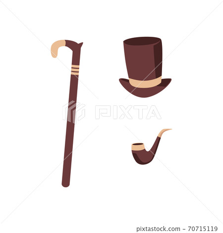 Set of gentleman hat, cane and smoking pipe flat vector illustration isolated. Set of gentleman hat, cane and smoking pipe flat vector illustration isolated. 70715119