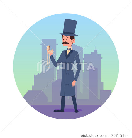 Circle with gentleman at backdrop of buildings flat vector illustration isolated. 70715124