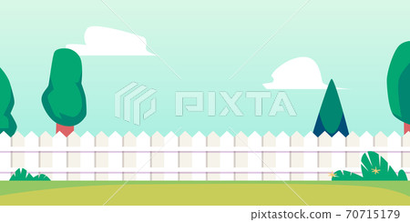 Summer backyard background banner with fence and lawn flat vector illustration. Summer backyard background banner with fence and lawn flat vector illustration. 70715179