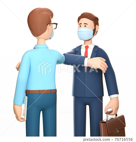 Two businessmen wearing protective face masks greeting bumping elbows. 3D illustration of the healthcare concept during Covid-19 pandemic. 70716556