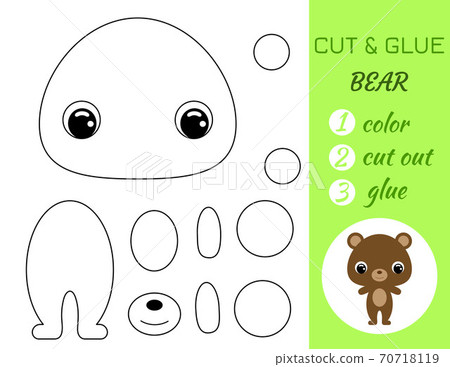 Coloring book cut and glue baby bear. Educational paper game for preschool children. Cut and Paste Worksheet. Color, cut parts and glue on paper.Cartoon character. Vector stock illustration. 70718119